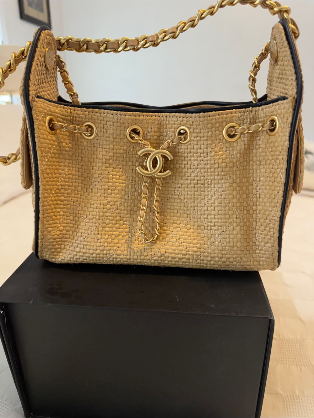 CHANEL Beige Raffia Drawstring Shoulder Bag with Gold Hardware